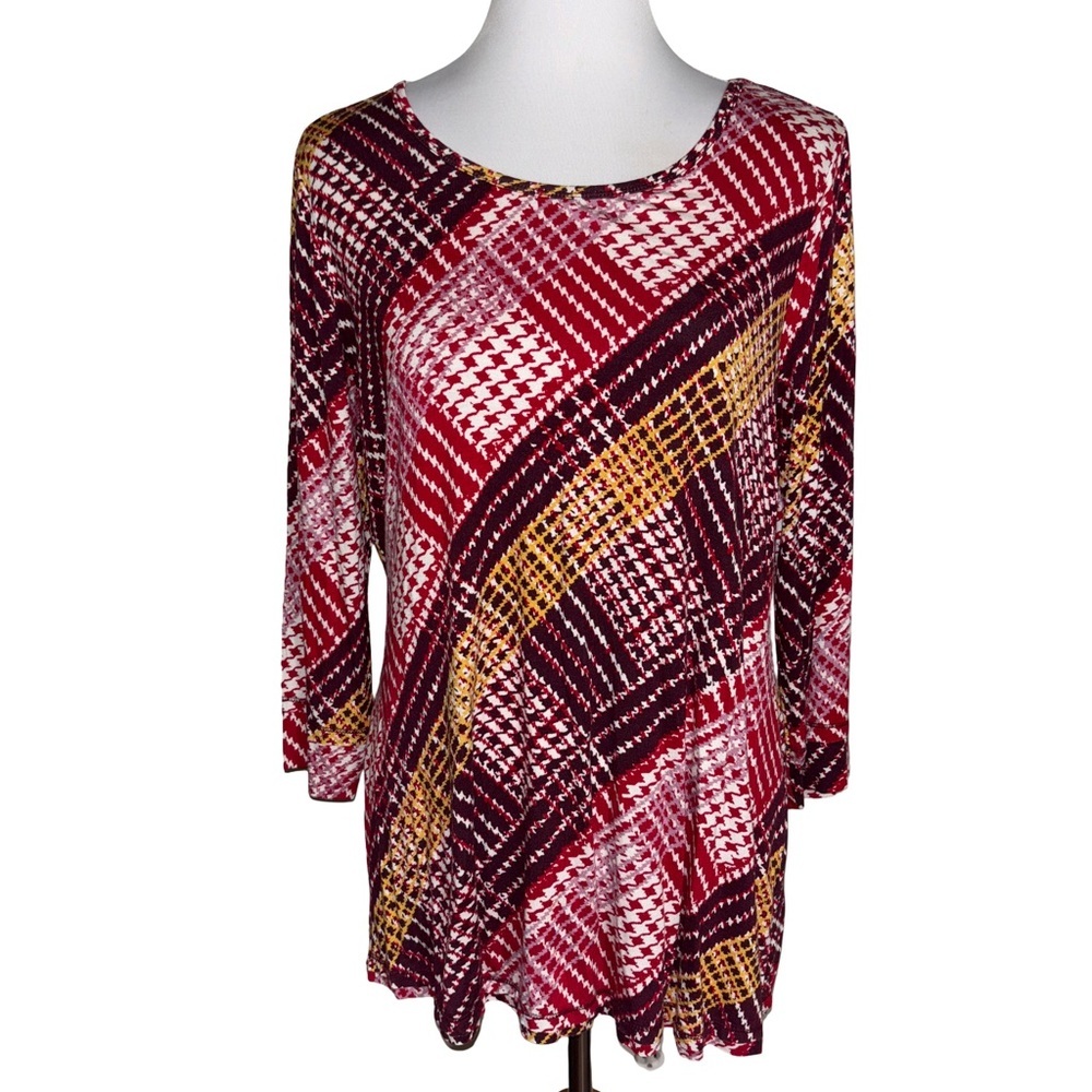 Cato Women's Plaid Blouse Burgundy Mustard White